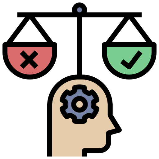 An illustration of a brain with gears and two symbols (red "X" and green "check"), symbolizing the process of mental health assessment and decision-making in treatment.