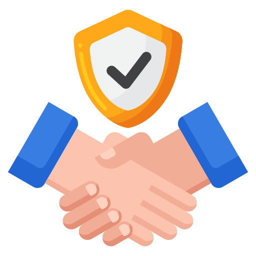 An illustration of a handshake with a shield symbol, representing trust, safety, and assurance in the mental health care relationship.