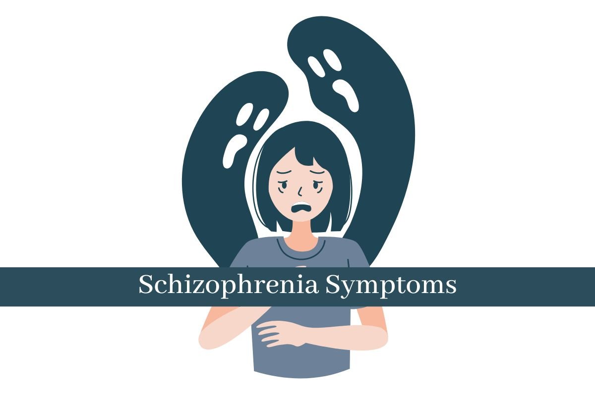 An illustration of a person struggling with the symptoms of schizophrenia, with abstract figures representing auditory hallucinations or delusions.