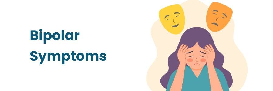 Illustration showing a person struggling with bipolar symptoms, with theatrical masks symbolizing mood swings.
