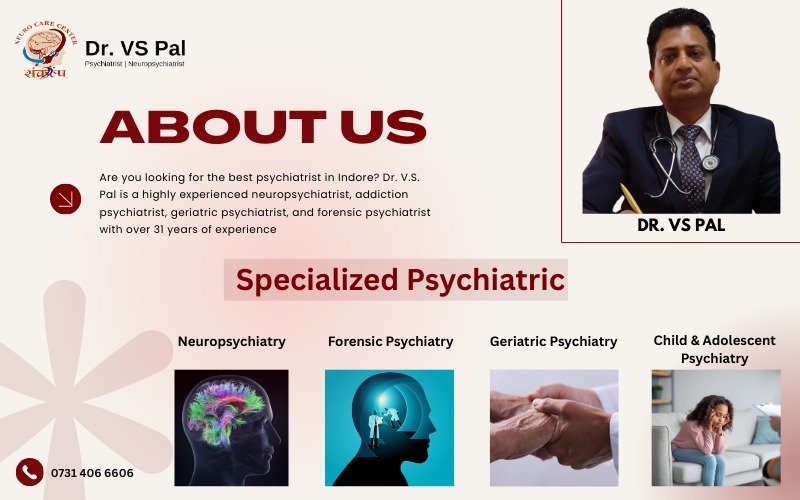 Dr. V.S. Pal, a highly experienced psychiatrist in Indore, offering specialized care in neuropsychiatry, forensic psychiatry, geriatric psychiatry, and child & adolescent psychiatry.