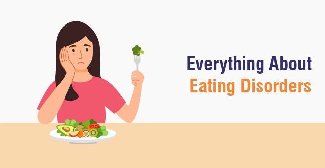 An illustration of a person struggling with an eating disorder, holding a fork and staring at their food with distress, representing the emotional and psychological challenges of eating disorders.