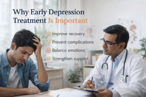 Doctor consulting a young man showing signs of depression and discussing depression treatment in Indore