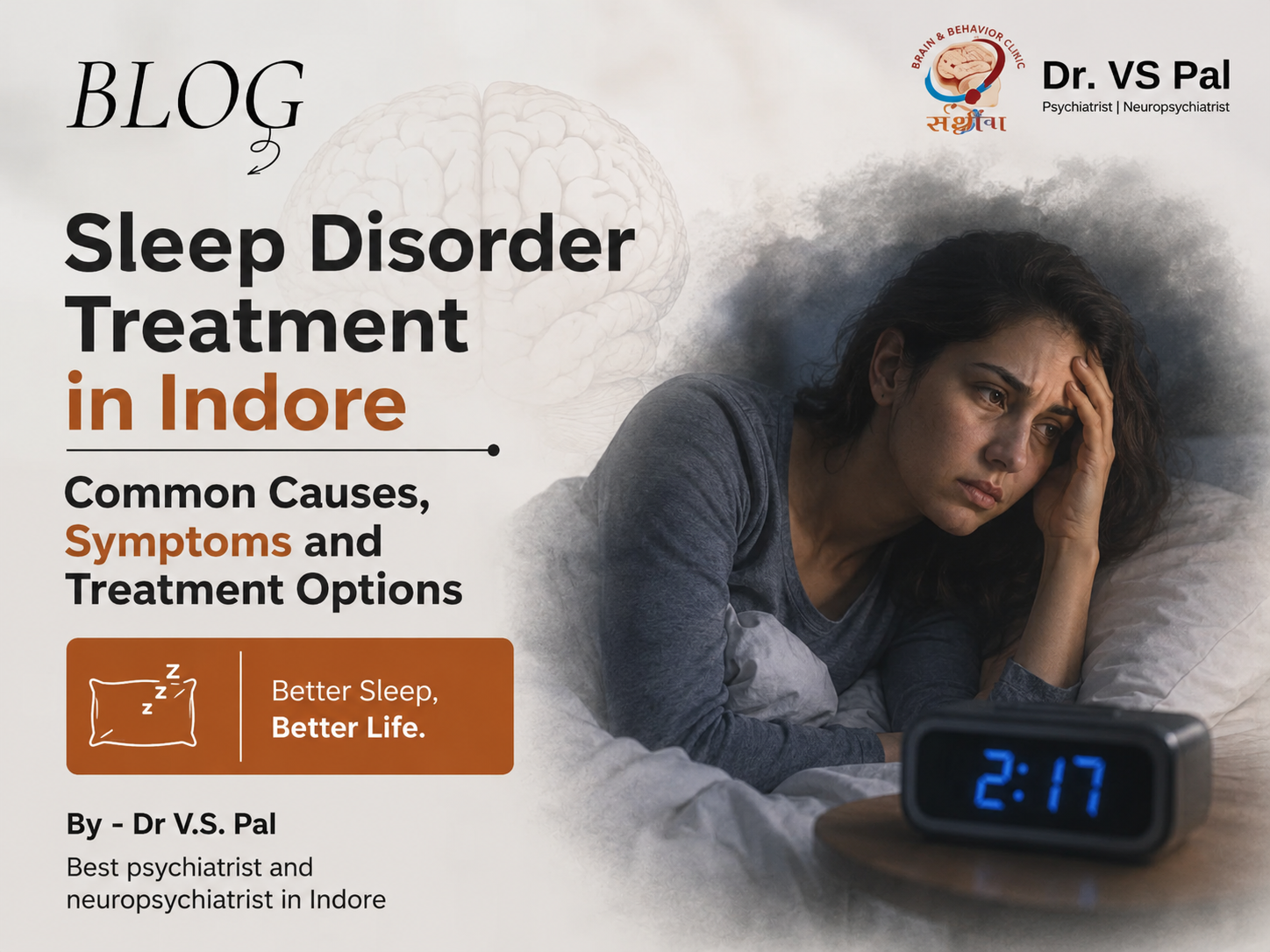 Sleep Disorder Treatment in Indore infographic showing a woman experiencing difficulty sleeping, with information about common causes, symptoms, and treatment options, branded by Dr. V.S. Pal.